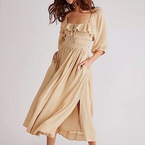 Free People Dresses & Skirts - Free People Ethereal Bohemian Oasis Midi Dress in Nomadic Desert Nude Size Large